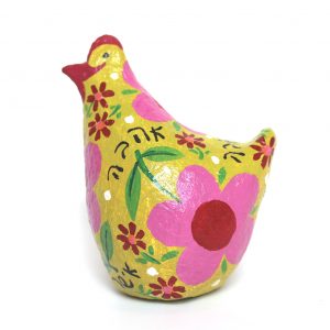 Chicken, Green with Large Pink Flowers and Good Wishes (Hebrew)