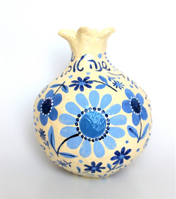 Pomegranate, Blue on White with New Year Greetings in Hebrew (Large)