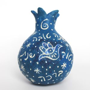 Pomegranate, White on Blue with New Year Greetings in Hebrew (Small)