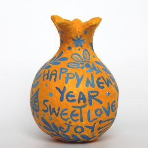 Pomegranate, Blue and White on Yellow with New Year Greetings in Hebrew (Small)