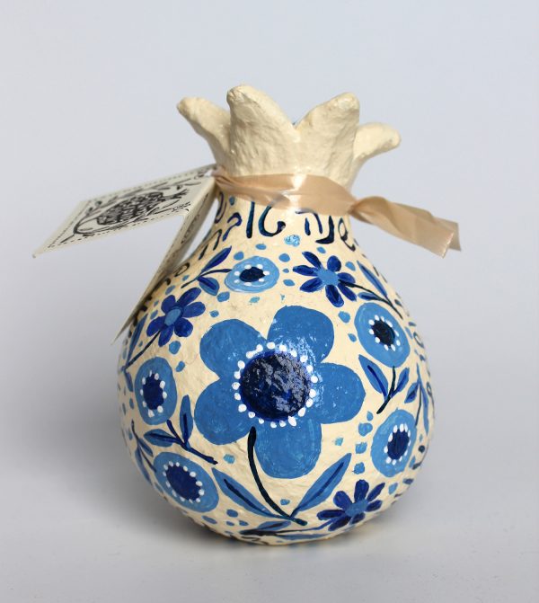 Pomegranate, Blue on White with New Year Greetings in Hebrew (Small)