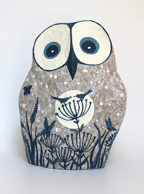 Owl, Natural Gray with Full Moon and Birds (Large)