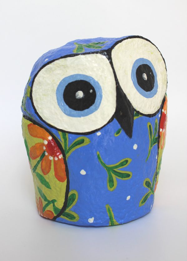 Owl, Blue and Green with Orange Flowers (Medium)