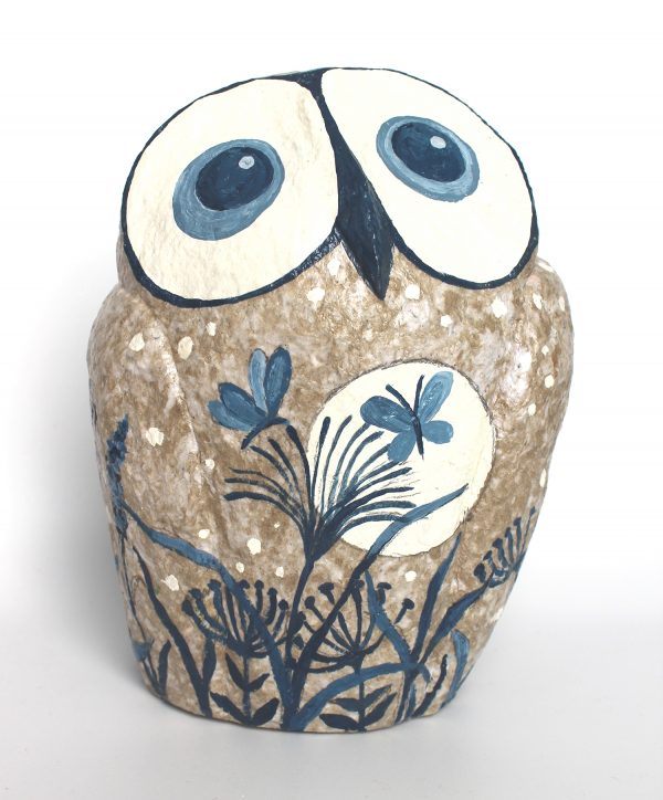 Owl, Natural Gray with Full Moon and Blue Butterflies (Medium)