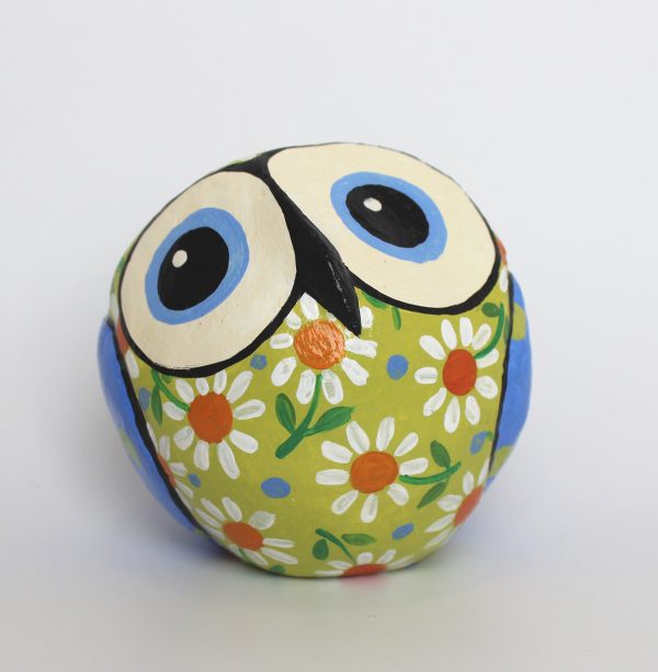 Owl, Blue and Green with White Daisies (Round)