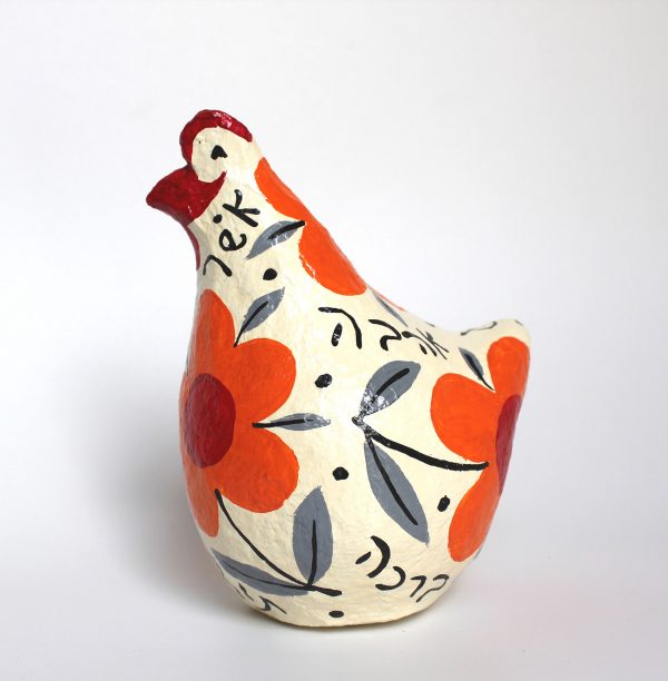 Chicken, White with Large Orange Flowers and Good Wishes (Hebrew)