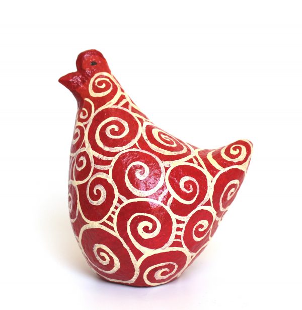 תרנגולת אדומה עם ספירלות לבנות
